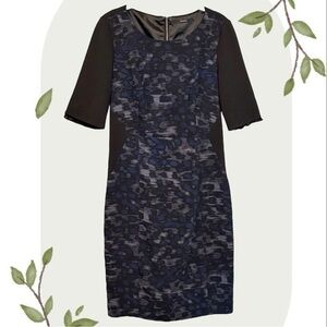 Tahari Blue Gray Black Printed Short Sleeve Midi Sheath Dress 
- Size 8